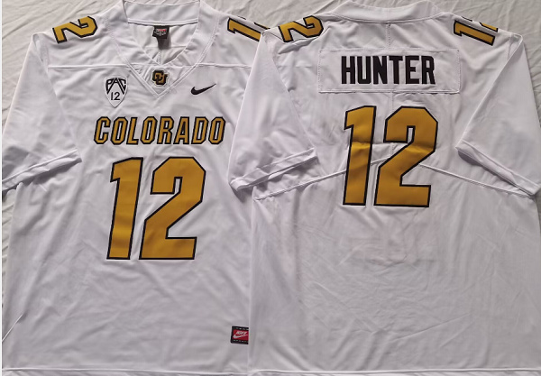 Men's Colorado Buffaloes #12 Travis Hunter White With PAC-12 Patch Football Stitched Jersey
